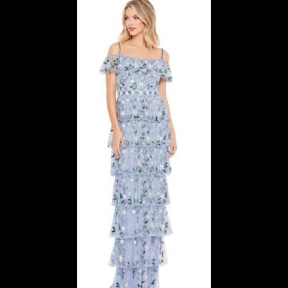 (8) Mac Duggal OFF THE SHOULDER RUFFLE TIERED GOWN, sz 10